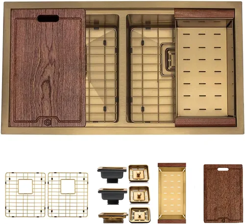 Strictly Sinks - Fregadero de cocina dorado de 32 pulgadas, resistente a arañazos y manchas, rejilla inferior de doble tazón de calibre 16, tabla de