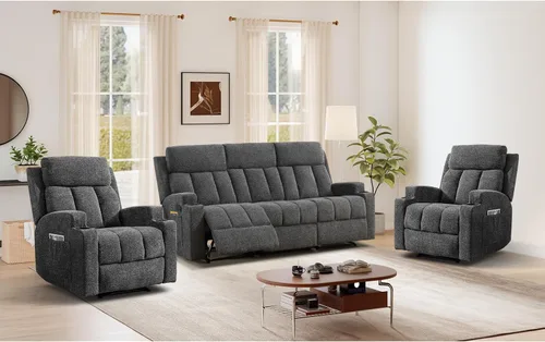 Miniatura 16 de CANMOV Juego de sofá modular reclinable manual, juegos de muebles de tela en forma de L, sofá esquinero modular reclinable y silla reclinable
