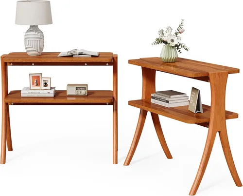 Miniatura 9 de LITTLE TREE Mesa auxiliar estrecha, mesa de centro de 2 niveles estilo granja con patas de madera maciza, mesa auxiliar pequeña, ahorradora