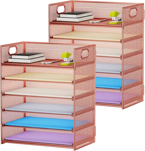 Miniatura 24 de Marbrasse Paquete de 2 Organizadores de Escritorio con Asa, Bandeja de Cartas de Papel de 6 Niveles, Organizador de Archivos de Escritorio de Malla
