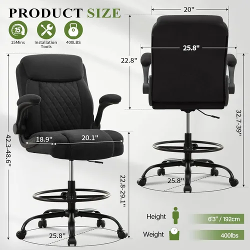 Miniatura 3 de Silla de dibujo alta para escritorio de pie, silla de escritorio alta ergonómica con anillo de pie ajustable, reposabrazos abatibles, soporte Negro