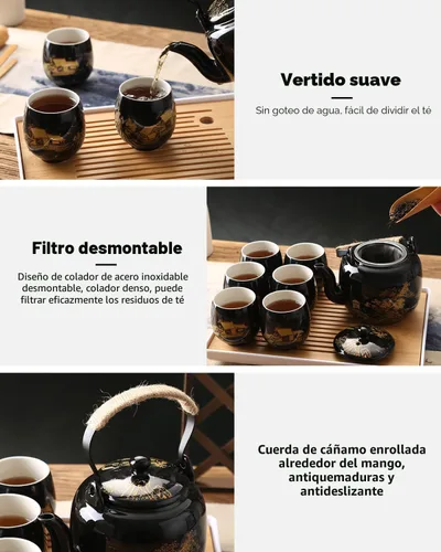 Miniatura 3 de Dujust Juego de Té Japonés, Juego de Té de Porcelana Negra con 1 Tetera, 6 Tazas de Té, 1 Bandeja de Té, 1 Infusor de Acero Inoxidable, Hermosos
