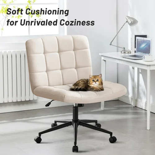 Miniatura 3 de Furniliving Silla de escritorio de oficina en casa con ruedas, silla ancha con patas cruzadas, silla ajustable de altura sin brazos con respaldo