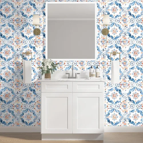 Miniatura 3 de HAOKHOME Papel tapiz geométrico para despegar y pegar, diseño de damasco floral azul/blanco/rojo, papel de pared extraíble, decoración moderna