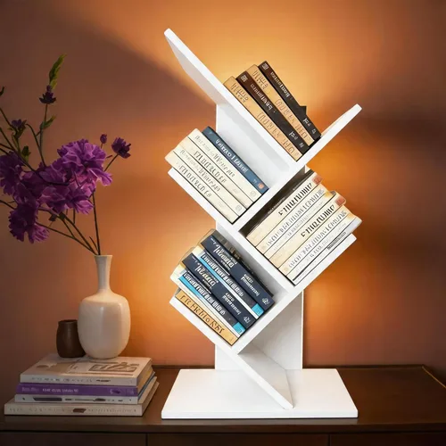 Miniatura 18 de Godferyxin Estantería de árbol, estantería pequeña de madera de 3 niveles y mini estantería para oficina, hogar o escuela, estante de escritorio