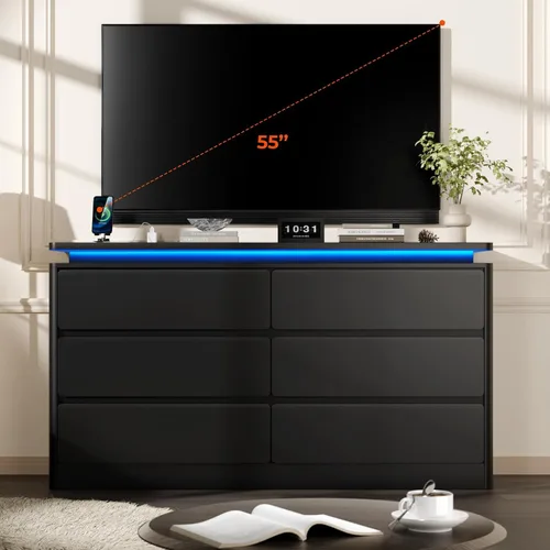 Miniatura 8 de Gyfimoie Cómoda Negra de 6 Cajones para Dormitorio, Cajonera Larga de 47.2" con Estación de Carga y Luces LED, Gabinete de Almacenamiento de Madera