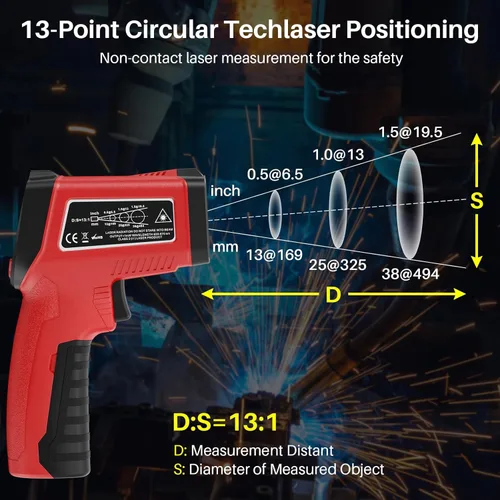 Miniatura 5 de Pistola termómetro infrarroja, temperatura láser Gedaye con puntero IR 13:1, pistola de temperatura de carne con sonda de metal, emisividad Rojo