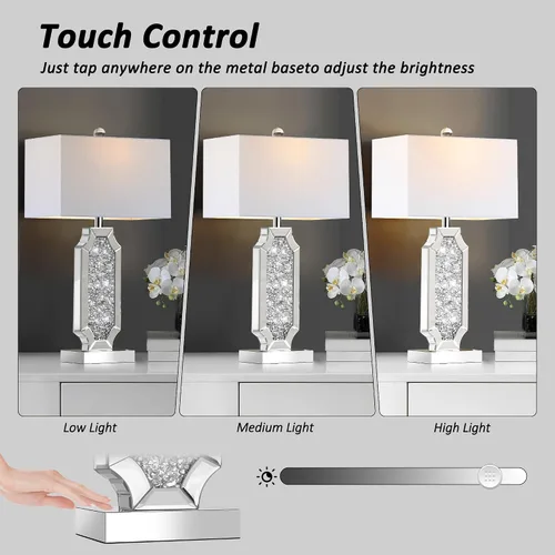 Miniatura 2 de Hamucd Juego de 2 lámparas de mesa de control táctil y brillo regulable de 3 vías con espejo triturado de diamante, para sala de estar con puertos