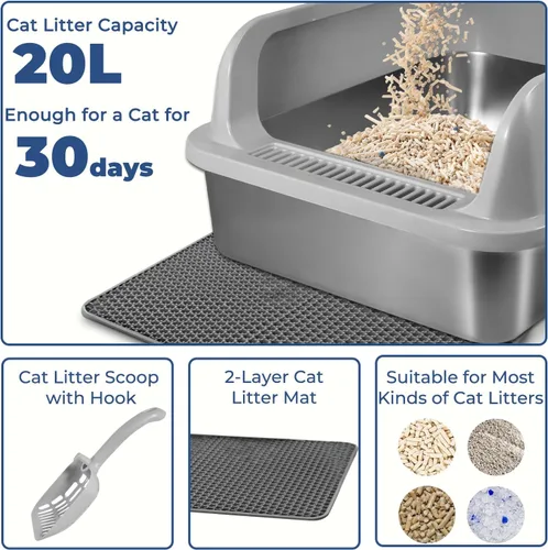 Miniatura 5 de Caja de arena para gatos de acero inoxidable, caja de arena de pared alta para gatos pequeños, caja de arena de metal con tapa, antiadherente