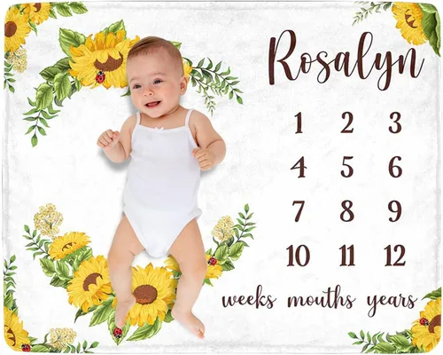Miniatura 25 de Manta de hito para bebé personalizada con nombre, manta personalizada de flores en forma de mariposa con tabla de crecimiento calendario, manta