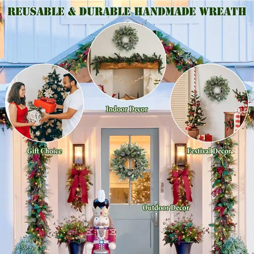 Miniatura 4 de Corona de invierno verde de 22 pulgadas, cono de pino artificial y corona de puerta delantera de acebo para decoración de Navidad de granja