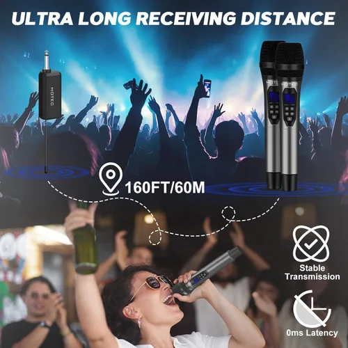 Miniatura 5 de HOTEC Micrófonos inalámbricos Dual UHF Sistema de micrófono de mano con control de eco/volumen, receptor recargable para karaoke, iglesia, boda