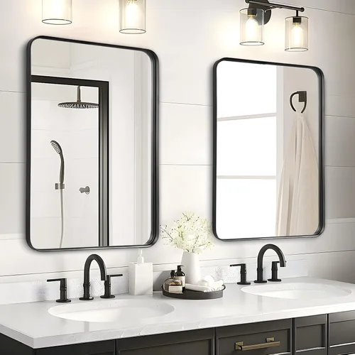 Fabuday Paquete de 2 espejos de baño para colocar sobre el fregadero, 36 x 24 pulgadas, marco de metal negro mate para montaje en pared, espejo