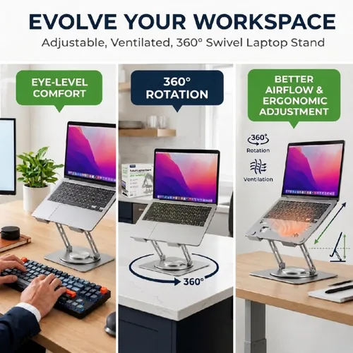 Miniatura 8 de Uncaged Ergonomics Soporte giratorio para computadora portátil, soporte ajustable para iPad para escritorio con rotación de 360°, soporte portátil