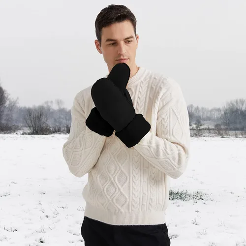 Miniatura 7 de Surblue Manoplas de gamuza de oveja de invierno para hombre, piel de oveja de alta calidad, cálido puño grueso forrado de lana de cordero