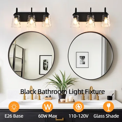 Miniatura 4 de Lámpara de baño de 3 luces, luces costeras con pantalla de cristal de cristal, lámpara de pared negra para espejo de cocina, pasillo, dormitorio