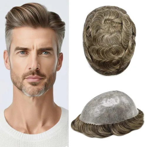 Miniatura 129 de Peluca completa de poliuretano para hombre, sistemas de reemplazo de cabello humano, piel fina y duradera, para hombre, prótesis de cabello