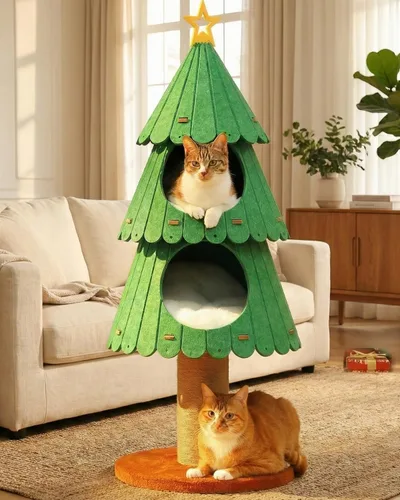 Miniatura 11 de MUTTROS Árbol moderno de madera para gatos de 42.5 pulgadas con condominio de 2 pisos, postes rascadores, nido de cápsulas y bolas colgantes