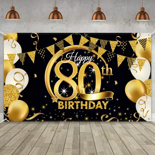 Miniatura 25 de Decoración de fiesta de cumpleaños número 15, cartel póster de tela extra grande negro y dorado para telón de fondo de cabina de fotos