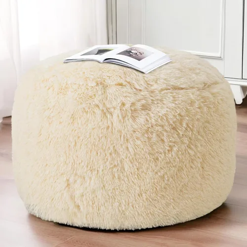 Miniatura 5 de HIGOGOGO Puf Otomano Redondo Relleno, Pufs Largos de Piel Sintética con Relleno de Trozos de Espuma, Puf Esponjoso y Peludo Taburete Reposapiés Beige