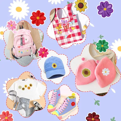 Miniatura 5 de NICEVINYL Parches aleatorios para planchar en la ropa: 120 unidades con diseños de flores y corazones, parches con mariposas lindas bordadas