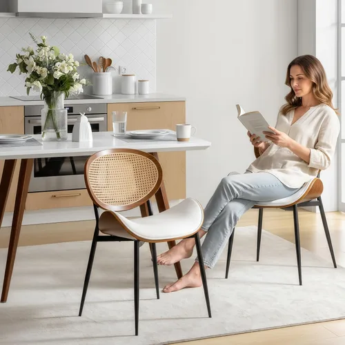 Miniatura 7 de HULALA HOME Juego de 4 sillas de comedor con respaldo de ratán, modernas sillas laterales de cuero con patas de metal, cómodas para sala de beige