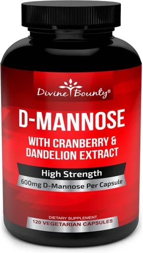 Divine Bounty Cápsulas de D-manosa – 600 mg de polvo de manosa D por cápsula con extracto de arándano y diente de león para apoyar la salud normal