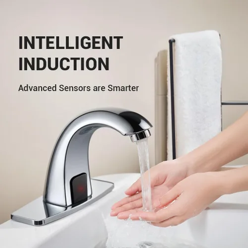 Miniatura 2 de Grifo de lavabo de baño sin contacto con sensor automático, grifos de tocador cromados, manos libres, grifo de tocador moderno con placa de Cromo