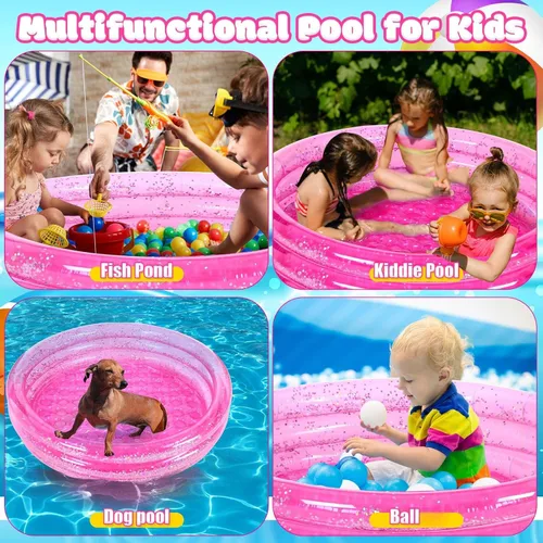 Miniatura 6 de Arrowbash Paquete de 2 piscinas inflables rosas, diseño redondo de 3 anillos de 47 pulgadas con purpurina plateada y parte inferior acolchada, fácil