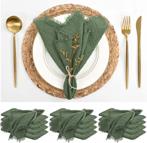 Miniatura 27 de Paquete de 12 servilletas de lino y algodón beige de 16 x 16 pulgadas, hechas a mano con flecos, servilletas de tela suave, lavables y rústicas