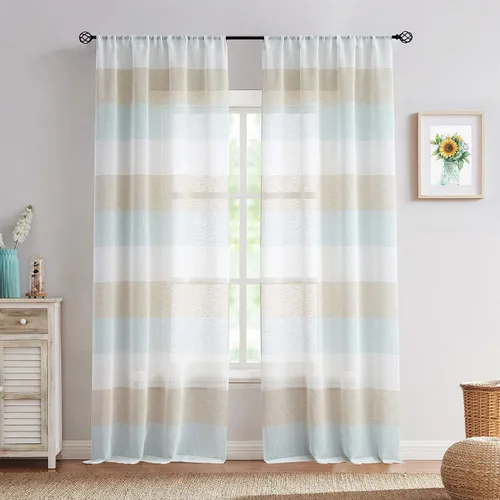 Miniatura 10 de Vision Home Cortinas traslúcidas a rayas color gris y azul ahumado, paneles de ventana rústicas de lino de 63 pulgadas de largo, cortinas rústicas