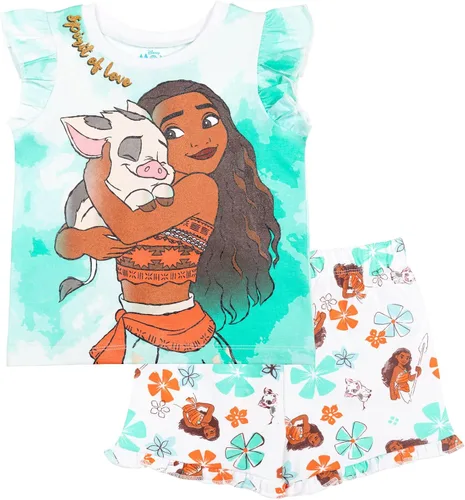 Disney Frozen Moana Princess Tiana - Conjunto de camiseta con peplum floral y pantalones cortos de felpa francesa para niños pequeños a grandes