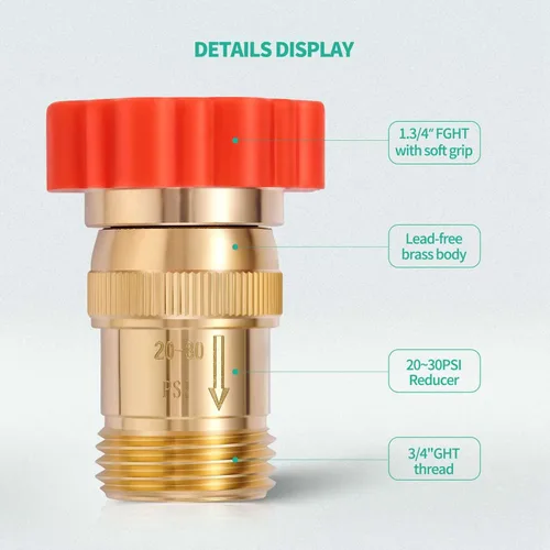 Miniatura 2 de Regulador reductor de presión de agua en línea de riego por goteo de latón LF 20 ~ 30PSI - Protege el sistema de goteo del agua del grifo de alta