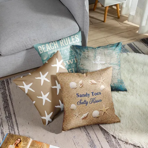 Miniatura 4 de Emvency Juego de 4 fundas de almohada de playa, estrellas de mar, palabras, reglas, vacaciones, verano, ancla náutica, color gris pardo, desgastado