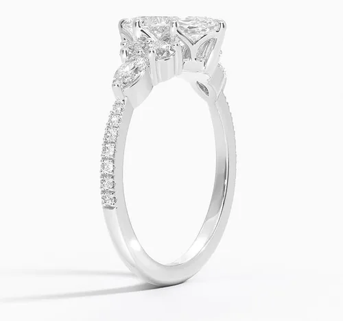 Miniatura 3 de IGI Anillo de compromiso de diamantes de 4 puntas de corte marquesa blanco de 1.56 quilates con marquesa lateral y diamantes redondos de laboratorio