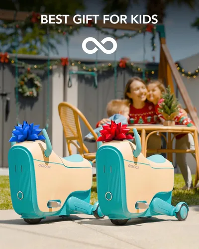 Miniatura 8 de Gyroor Juguete eléctrico para niños de 4 a 8 años, maleta de viaje en avión 2 en 1 con almacenamiento, 3 modos de velocidad, ruedas LED Azul