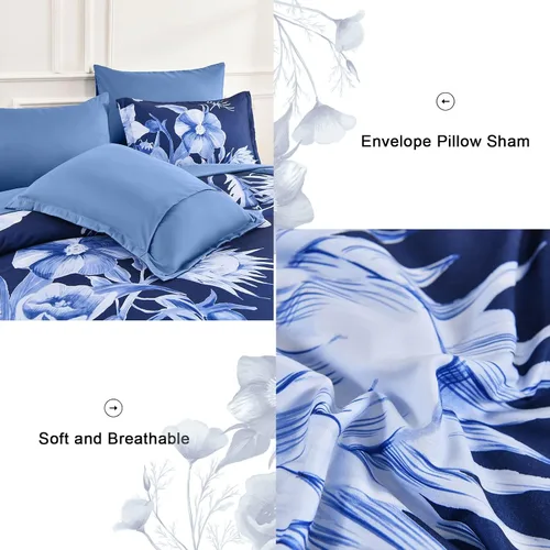 Miniatura 6 de Luxudecor Juego de edredón floral tamaño King de 7 piezas, cama de flores azul marino en una bolsa, elegante edredón floral con juego de sábanas
