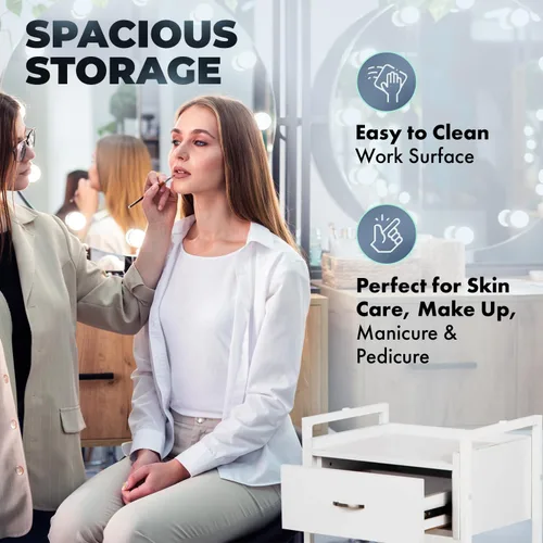 Miniatura 3 de Buy-Rite Jenny Trolley Carrito de 3 niveles para spas, esteticistas y salones, organizador de madera blanca con cajón, estantes abiertos, agujeros