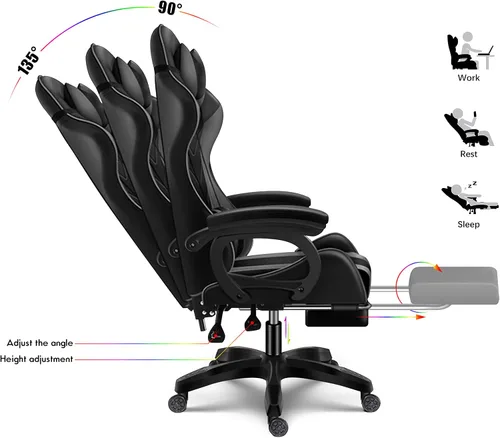 Miniatura 5 de Silla ergonómica para juegos profesional con luces LED y altavoces, silla de videojuegos con masaje y reposapiés, silla de computadora de respaldo