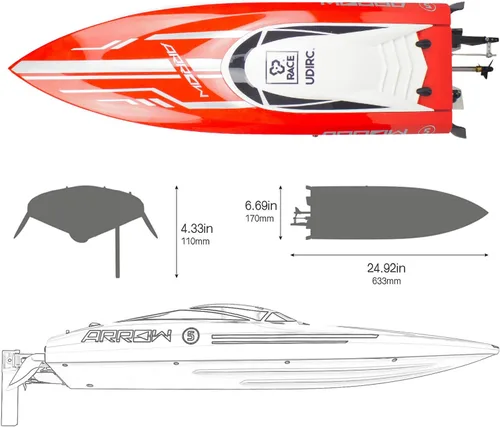 Miniatura 7 de Cheerwing Barco de Control Remoto RC sin Escobillas de 25" 30 MPH de Alta Velocidad Barco Grande de Carreras para Adultos Rojo