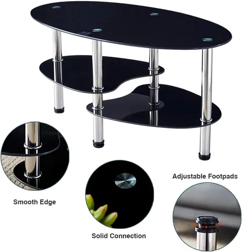 Miniatura 4 de Mesa de té de vidrio ovalada para oficina, mesa de centro moderna de 3 niveles, mesa auxiliar para sala de estar (negro)