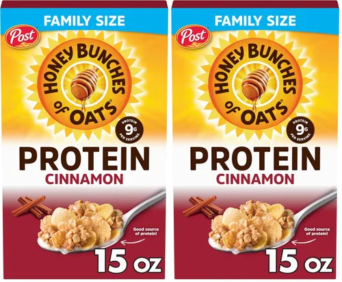 Miniatura 11 de Honey Bunches of Oats Cereal de proteína de canela, desayuno o aperitivo, tamaño familiar, 15 onzas (paquete de 1)