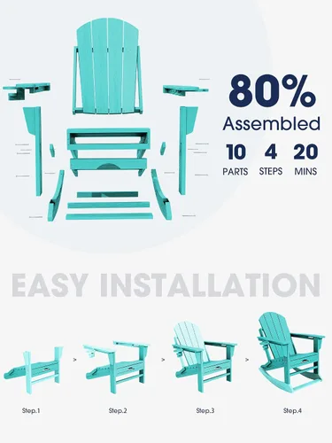 Miniatura 6 de Mecedora Adirondack de KINGYES con Otomana Retráctil y Portavasos, Silla Reclinable de Patio de HDPE Adirondack para Porche, Patio, Balcón, Azul Aqua