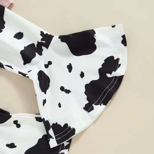 Miniatura 35 de fhutpw Conjunto de camiseta de manga corta con estampado de vaca y pantalones acampanados de dibujos animados para niñas