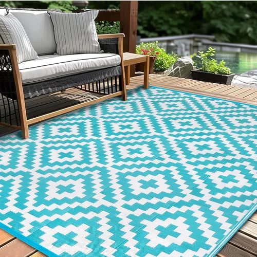 Alfombra de paja de plástico para patio al aire libre, 5 x 8 pies, impermeable, reversible, alfombra de área, patio, caravana, porche, balcón, Azul