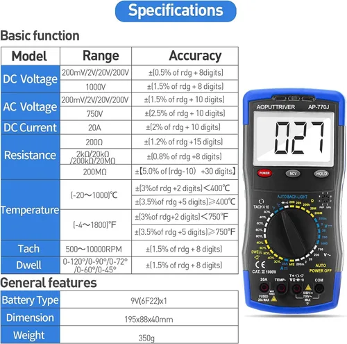 Miniatura 4 de Multímetro digital AP-770J Multímetro automotriz Analizador de motor Manual de rango NCV Multi Tester Medida