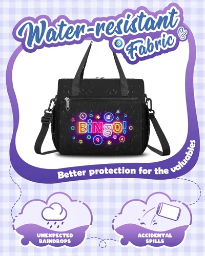 Miniatura 5 de Bolsa de bingo para Daubers Dabbers Dobbers Dotters resistente al agua, bolsa de accesorios de bingo con bolsillos para adultos mayores (negro)