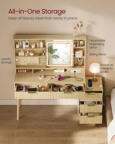 Miniatura 3 de VASAGLE Colección MAXE - Escritorio de tocador con espejo deslizante y luces, tocador de maquillaje estilo Mid Century Modern estriado con espejo