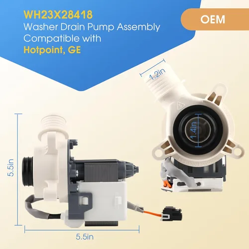 Miniatura 2 de OEM 290D1201G003 WH23X28418 Conjunto de bomba de drenaje de lavadora compatible con GE Hotpoint, reemplaza WH23X24178 WH23X27574 4958182 AP6889136