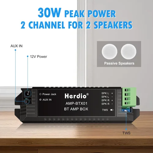 Miniatura 3 de Herdio Amplificador de audio para el hogar Bluetooth 2.0 Sistema receptor de canales para altavoces pasivos con AUX TWS adecuado para techo, marino